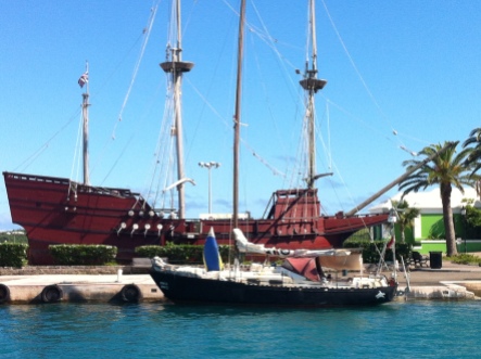 Momo with a gallion replica, st george's harbour, bermudas, 2013